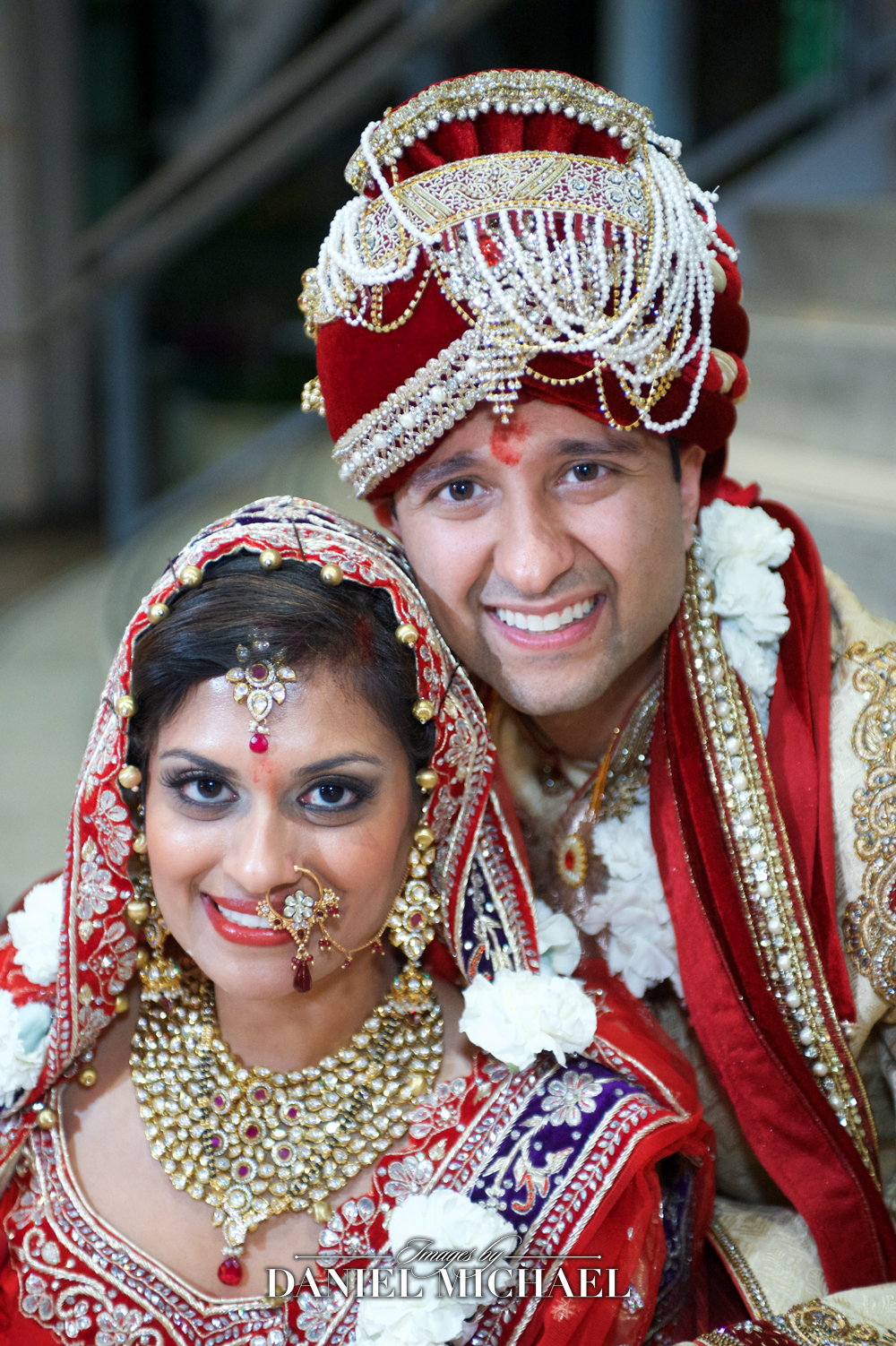 South Asian bride and groom in traditional Hindu wedding attire, captured by a wedding photographer